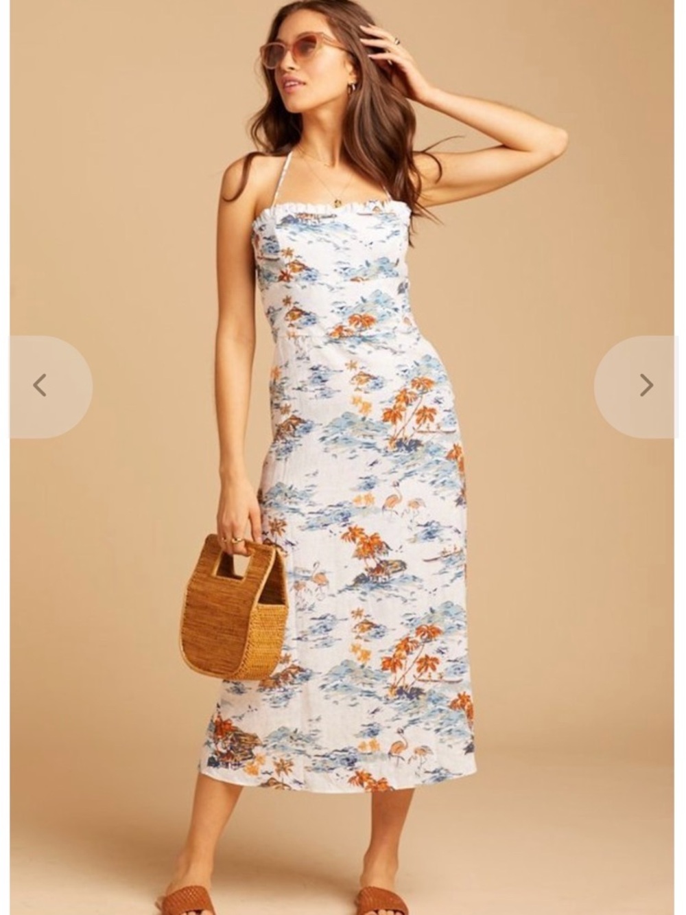 Free People White Midi Dress with Blue and Brown Floral Print